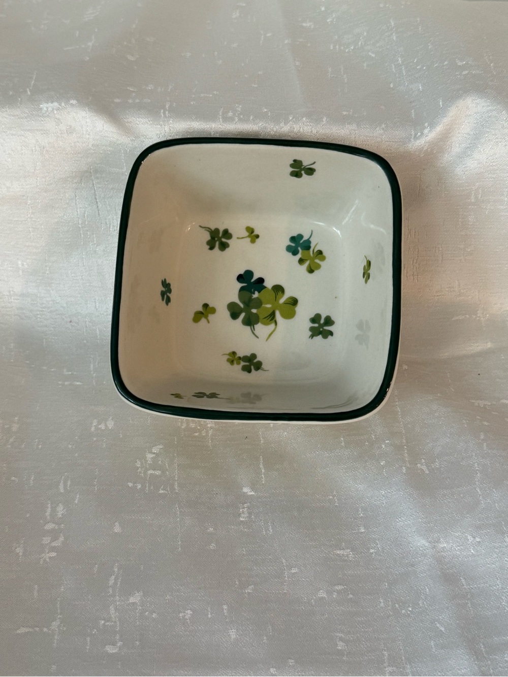 Longaberger Lucky Twist Square Dish with Green Clover Motif